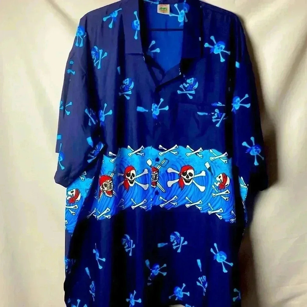 HAPPY BAY MENS SIZE XXL  NAVY BLUE PIRATE SHIRT BUTTON  FRONT  POCKET TERIVOILE‎